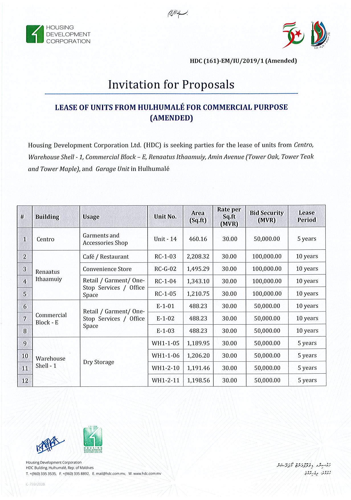 Invitation for proposals – Lease of units from Hulhumalé for commercial ...